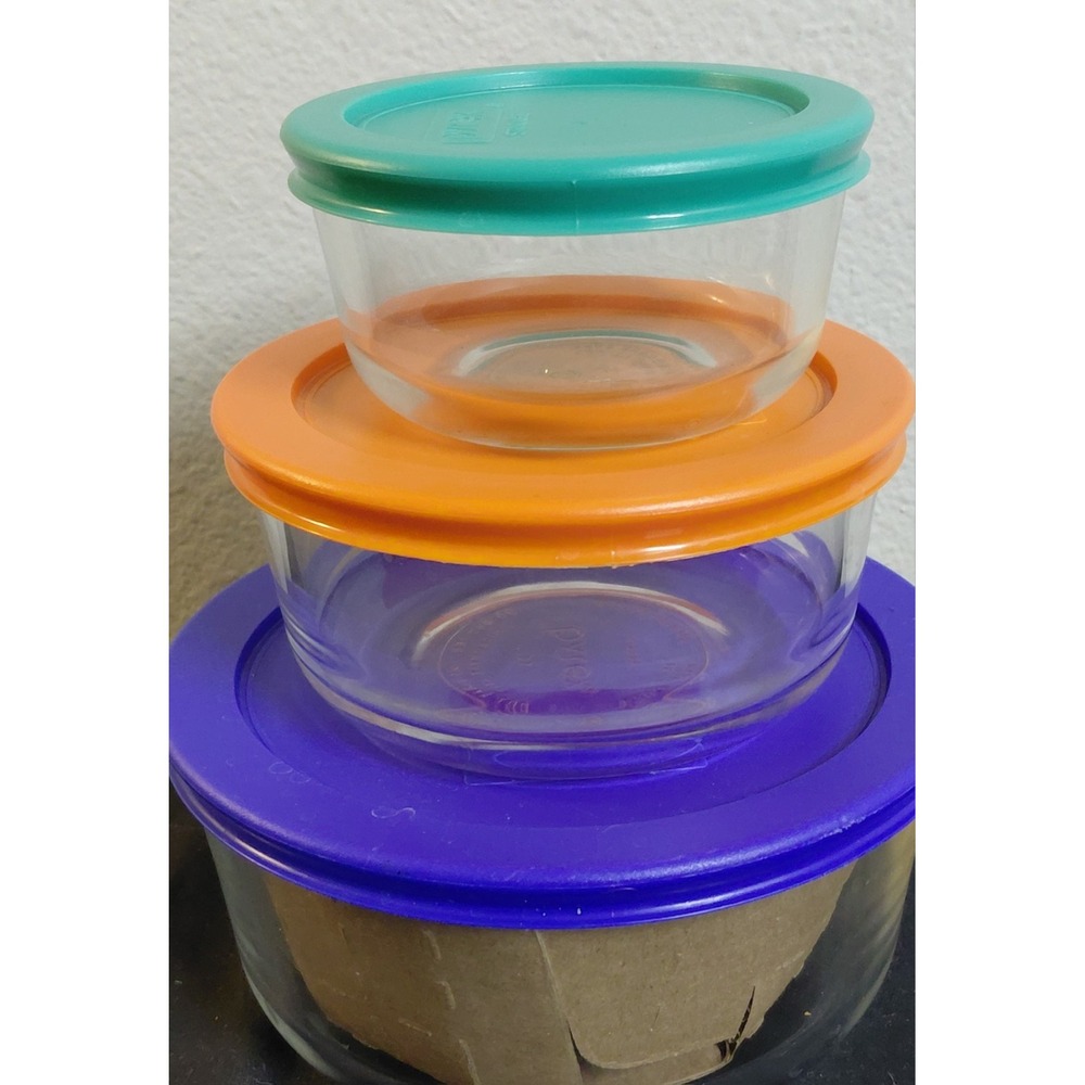 Pyrex Glass Food Storage Containers Set of 3 Round Color Lids NEW Unused